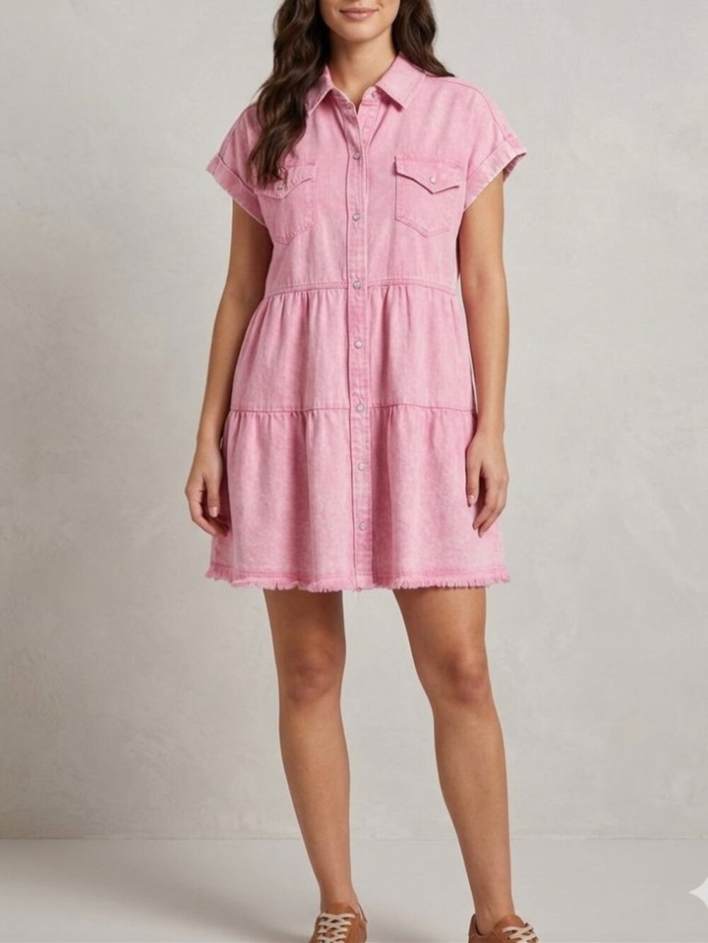 Entro Pink Cotton Denim Tiered Babydoll Mini Dress Large Pearl Snap Western Chic